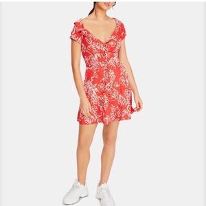 Free People a Thing Called Love Floral Linen Blend Mini Dress Red Orange 10